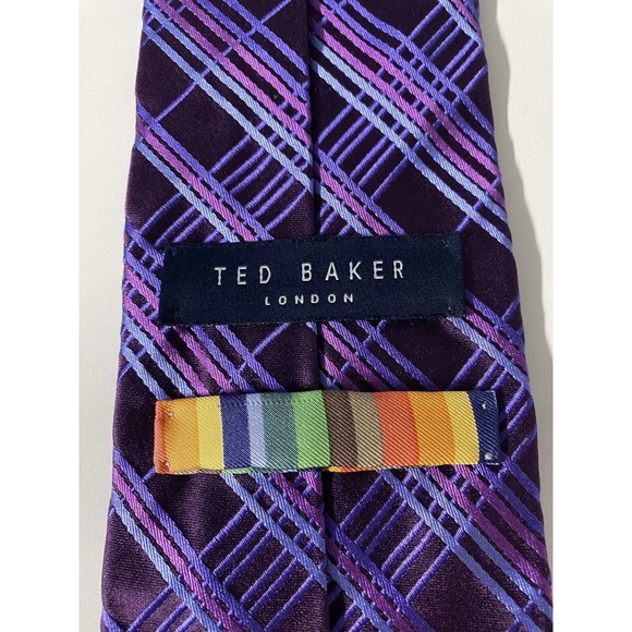 Ted Baker Neck Tie Striped Check Purple Pink Silk 59" 3.5" - Picture 6 of 7